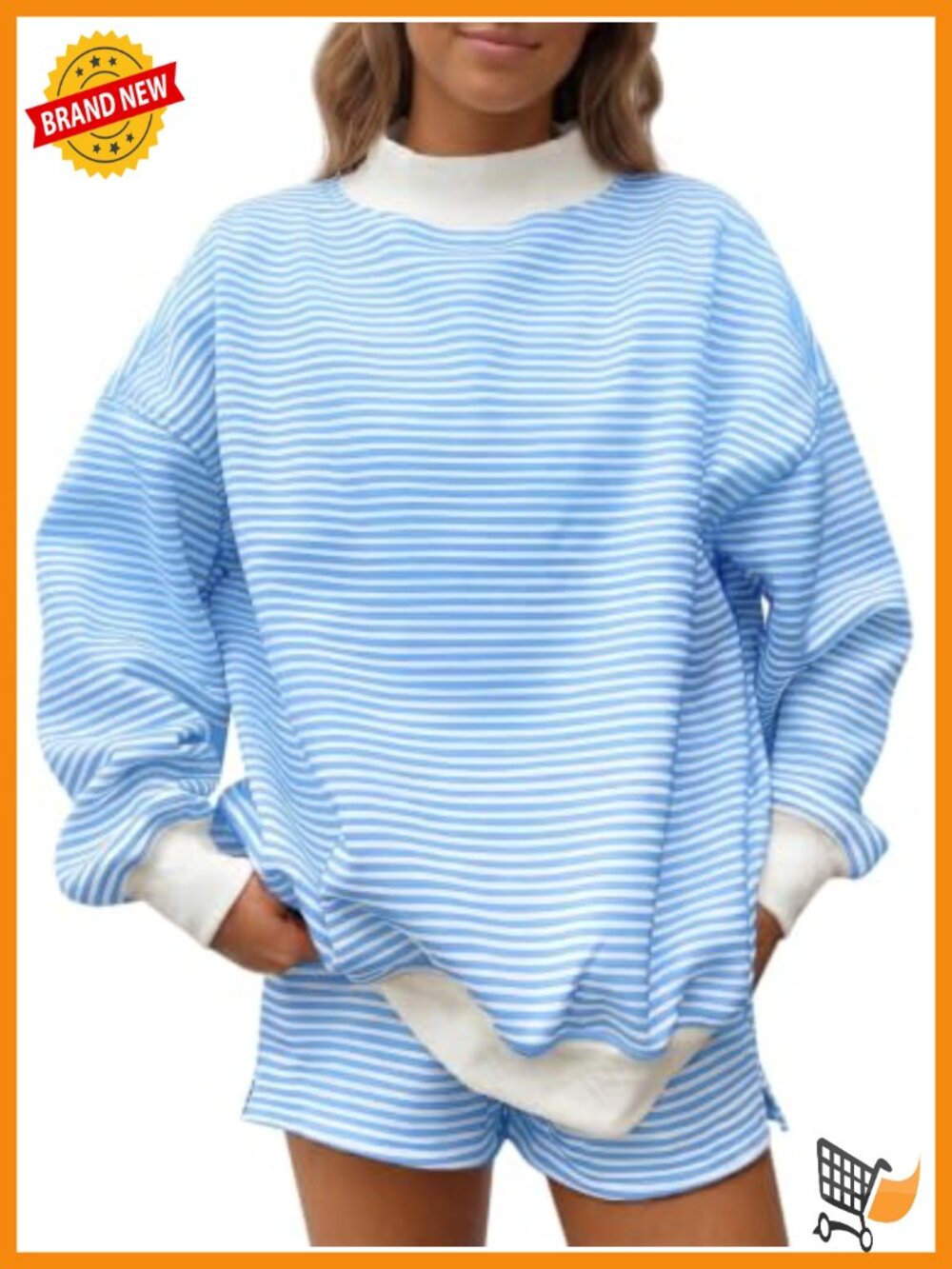 Fisoew Womens Striped 2 Piece Lounge Set Mock Neck Long Sleeve Shorts